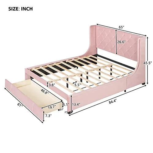 Harper & Bright Designs Queen Size Velvet Upholstered Platform Bed with a Big Drawer, Queen Storage Bed with Wingback Headboard for Bedroom Guestroom, No Box Spring Needed, Pink