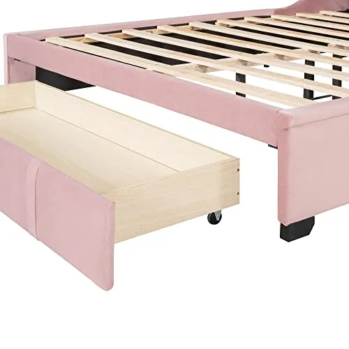 Harper & Bright Designs Queen Size Velvet Upholstered Platform Bed with a Big Drawer, Queen Storage Bed with Wingback Headboard for Bedroom Guestroom, No Box Spring Needed, Pink