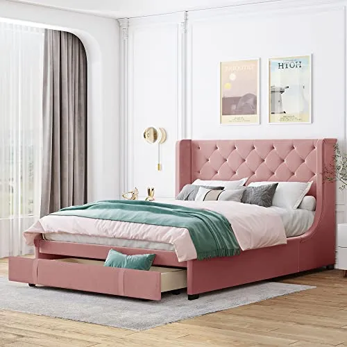 Harper & Bright Designs Queen Size Velvet Upholstered Platform Bed with a Big Drawer, Queen Storage Bed with Wingback Headboard for Bedroom Guestroom, No Box Spring Needed, Pink