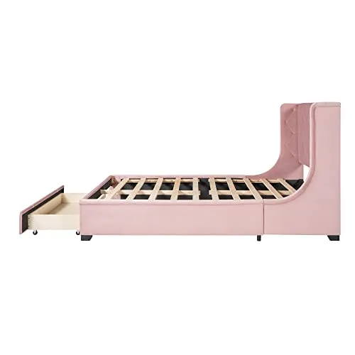 Harper & Bright Designs Queen Size Velvet Upholstered Platform Bed with a Big Drawer, Queen Storage Bed with Wingback Headboard for Bedroom Guestroom, No Box Spring Needed, Pink