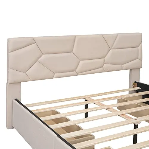 Harper & Bright Designs Upholstered Queen Platform Bed with 4 Storage Drawers, Wooden Queen Bed Frame with Brick Pattern Headboard, Queen Size Bed for Bedroom, Linen Fabric, Beige