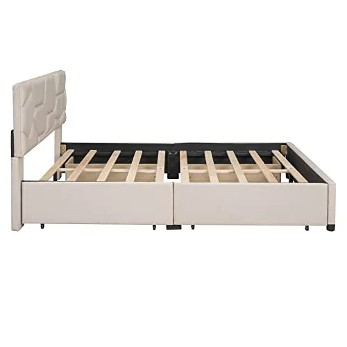 Harper & Bright Designs Upholstered Queen Platform Bed with 4 Storage Drawers, Wooden Queen Bed Frame with Brick Pattern Headboard, Queen Size Bed for Bedroom, Linen Fabric, Beige