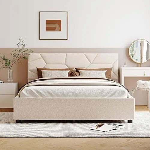 Harper & Bright Designs Upholstered Queen Platform Bed with 4 Storage Drawers, Wooden Queen Bed Frame with Brick Pattern Headboard, Queen Size Bed for Bedroom, Linen Fabric, Beige