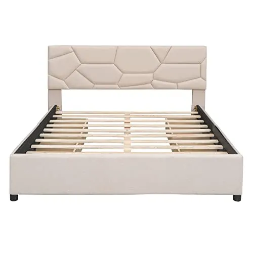 Harper & Bright Designs Upholstered Queen Platform Bed with 4 Storage Drawers, Wooden Queen Bed Frame with Brick Pattern Headboard, Queen Size Bed for Bedroom, Linen Fabric, Beige