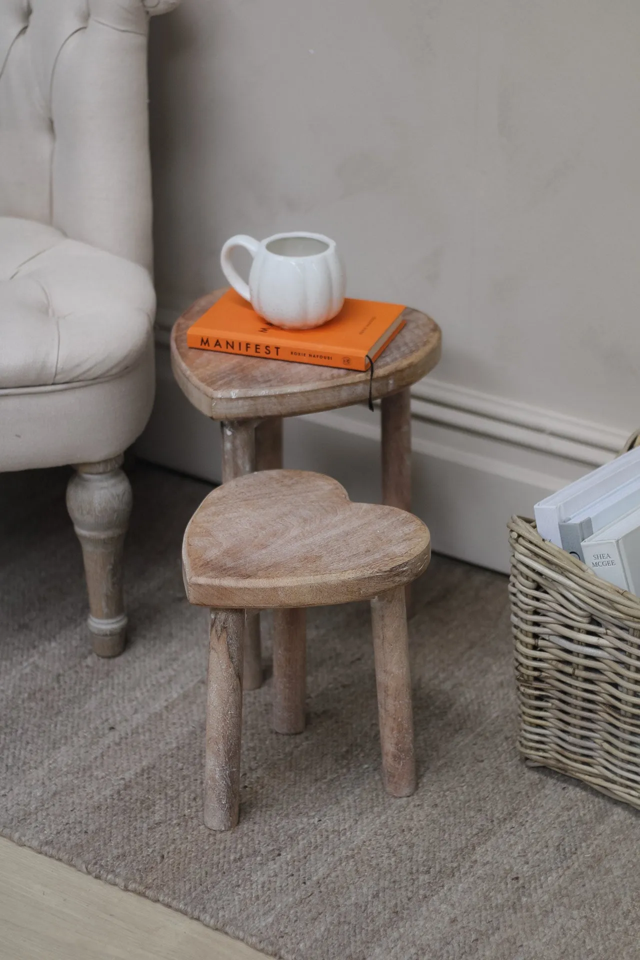 Heart Shaped Mango Wood Stools | Set of 2