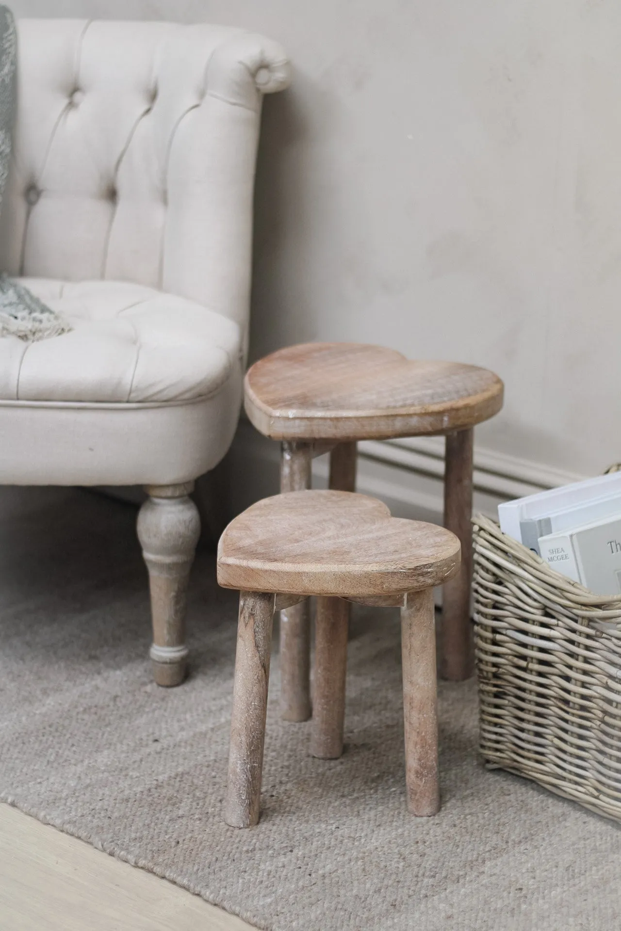 Heart Shaped Mango Wood Stools | Set of 2