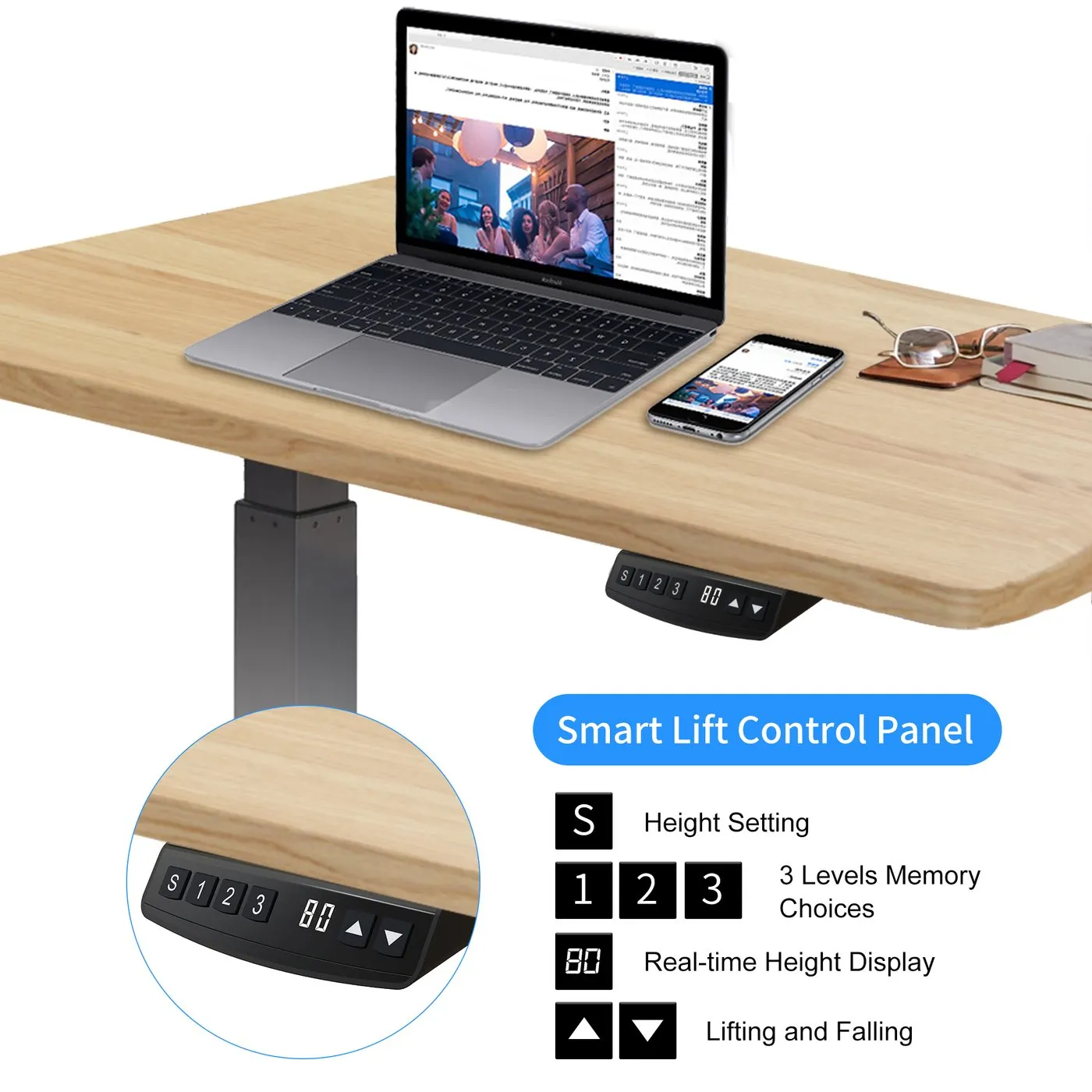 Hi5 Standing Desk with Ez Ergonomic Shape Table Top for Home Office Workstation with 4 colour options (UK Plug) Different sizes   Colours