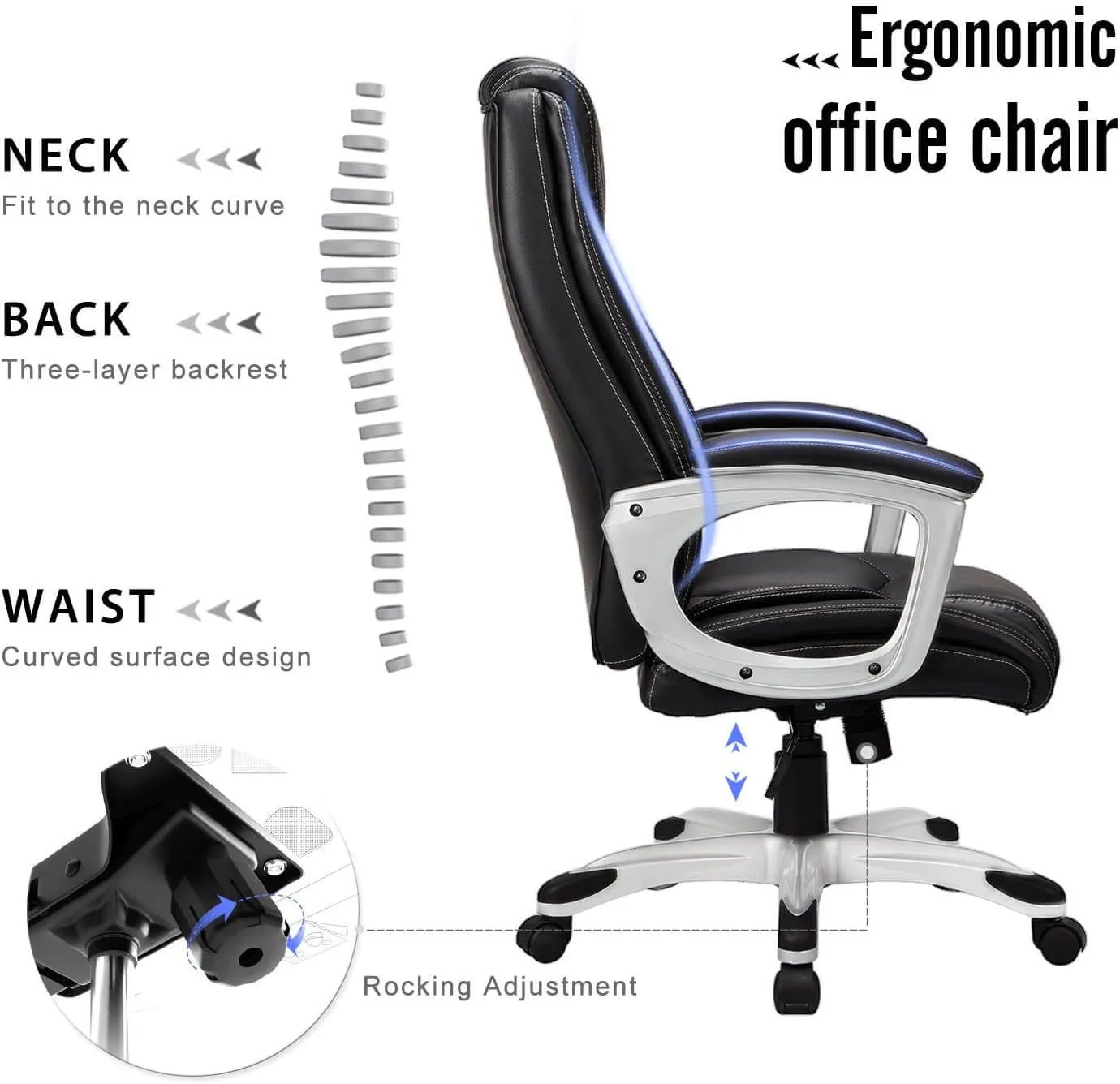 High Back Office Chair PU Leather Ergonomic Desk Chair, Adjustable Executive Office Computer Chair,Black