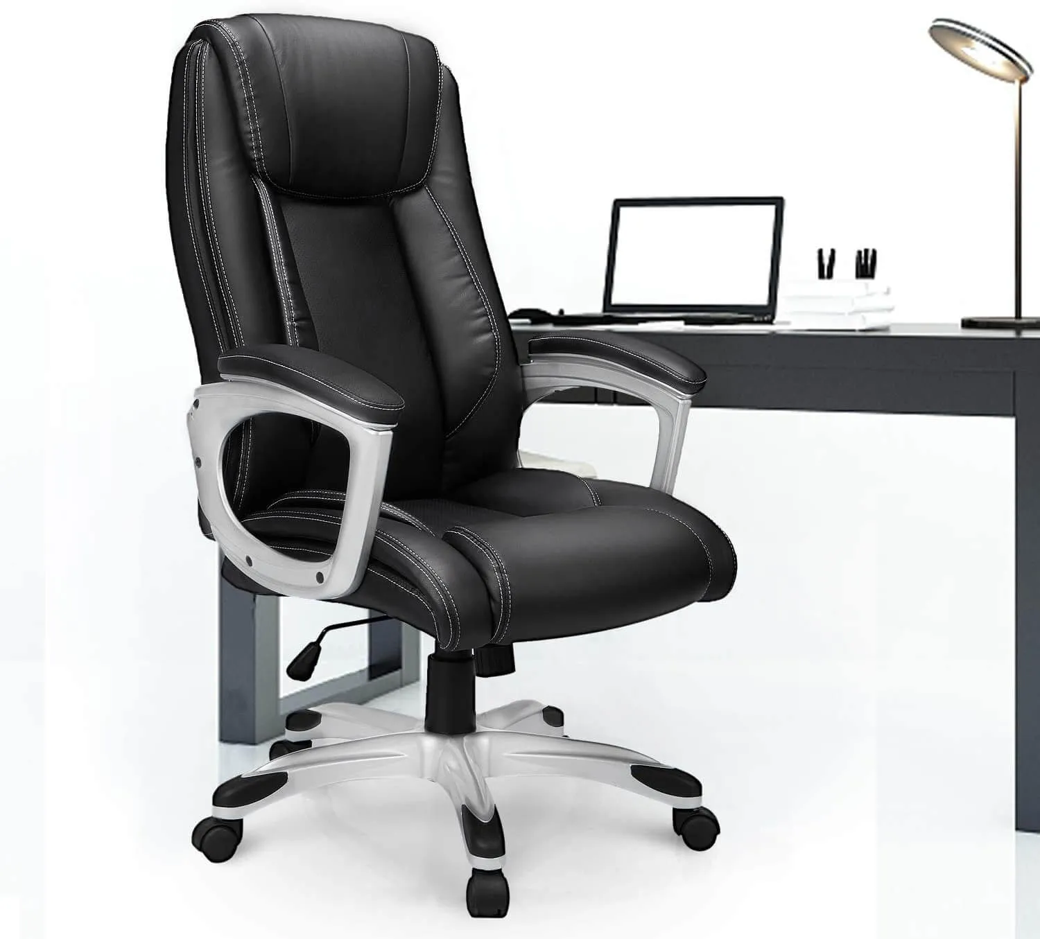 High Back Office Chair PU Leather Ergonomic Desk Chair, Adjustable Executive Office Computer Chair,Black