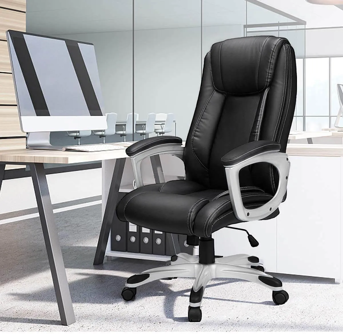 High Back Office Chair PU Leather Ergonomic Desk Chair, Adjustable Executive Office Computer Chair,Black