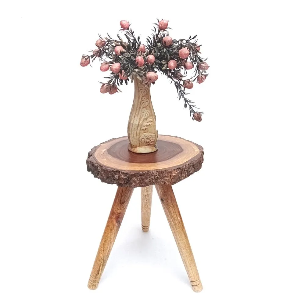 LATEST HANDICRAFTS Antique Bark look End Table for Living Room Décor | Small bed side Table with foldable wooden Legs - 12 x 12 x 13 Inches - (Tree slab Edge)