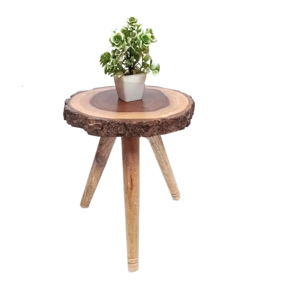 LATEST HANDICRAFTS Antique Bark look End Table for Living Room Décor | Small bed side Table with foldable wooden Legs - 12 x 12 x 13 Inches - (Tree slab Edge)