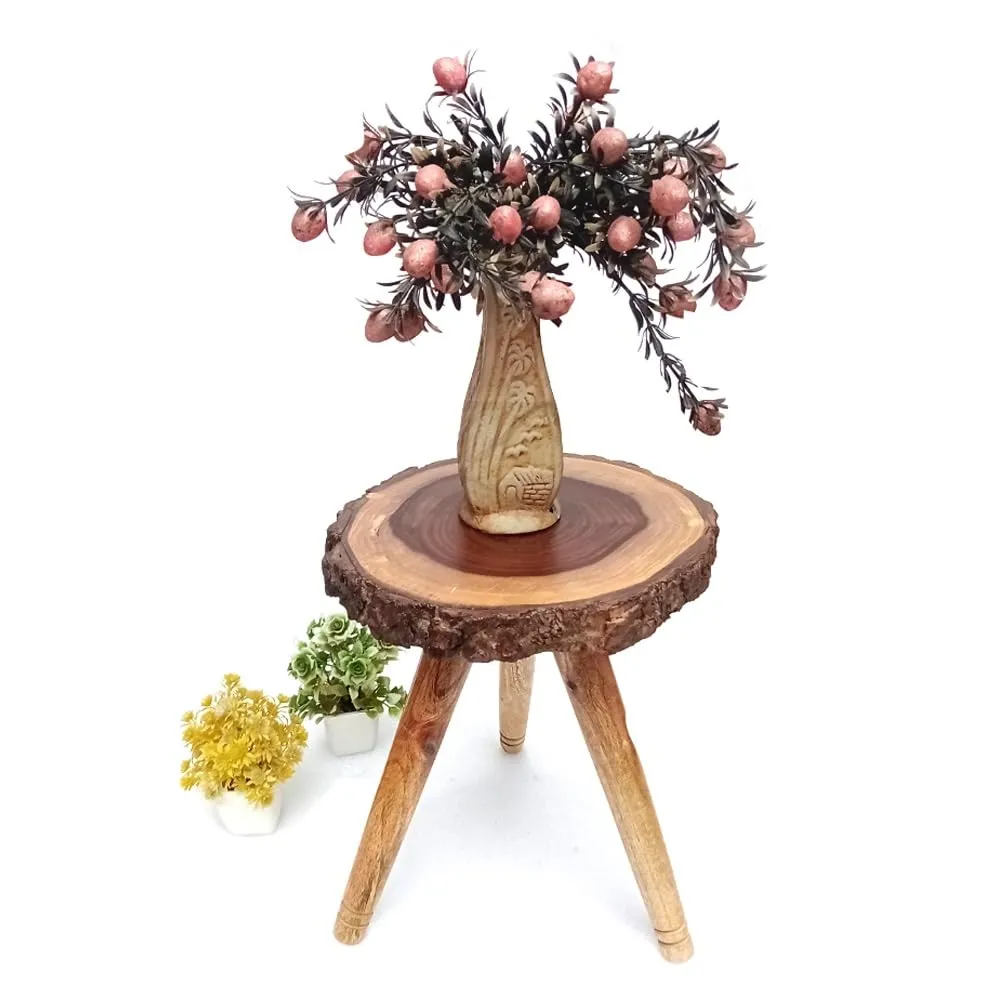 LATEST HANDICRAFTS Antique Bark look End Table for Living Room Décor | Small bed side Table with foldable wooden Legs - 12 x 12 x 13 Inches - (Tree slab Edge)