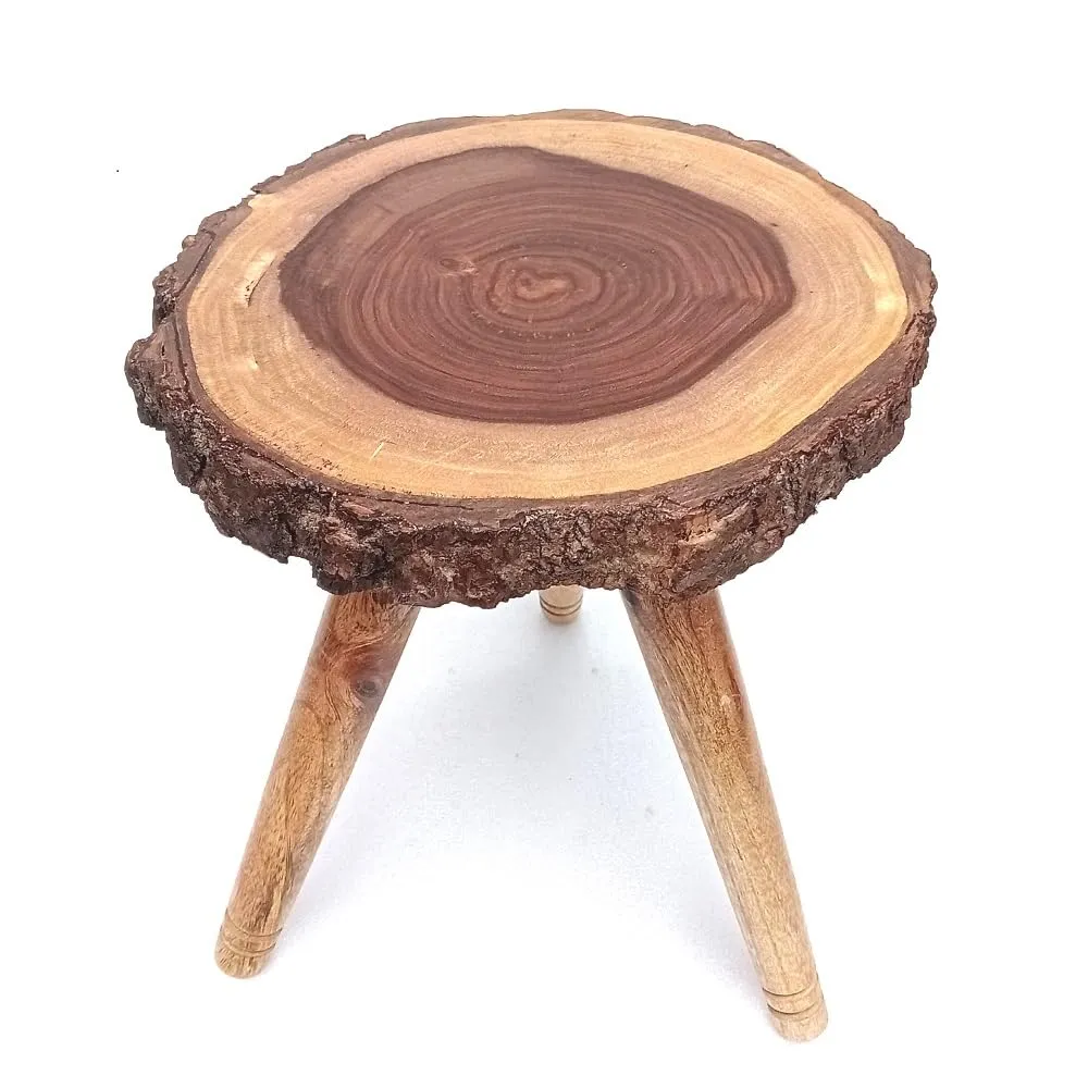 LATEST HANDICRAFTS Antique Bark look End Table for Living Room Décor | Small bed side Table with foldable wooden Legs - 12 x 12 x 13 Inches - (Tree slab Edge)