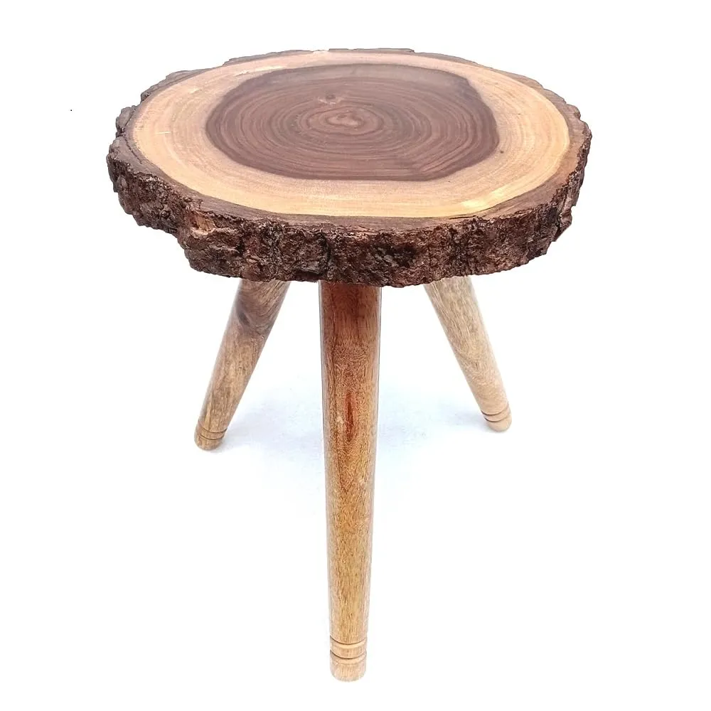 LATEST HANDICRAFTS Antique Bark look End Table for Living Room Décor | Small bed side Table with foldable wooden Legs - 12 x 12 x 13 Inches - (Tree slab Edge)