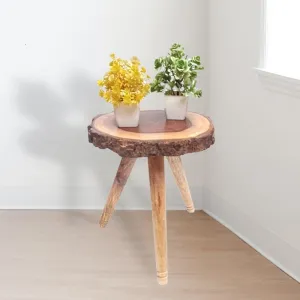 LATEST HANDICRAFTS Antique Bark look End Table for Living Room Décor | Small bed side Table with foldable wooden Legs - 12 x 12 x 13 Inches - (Tree slab Edge)