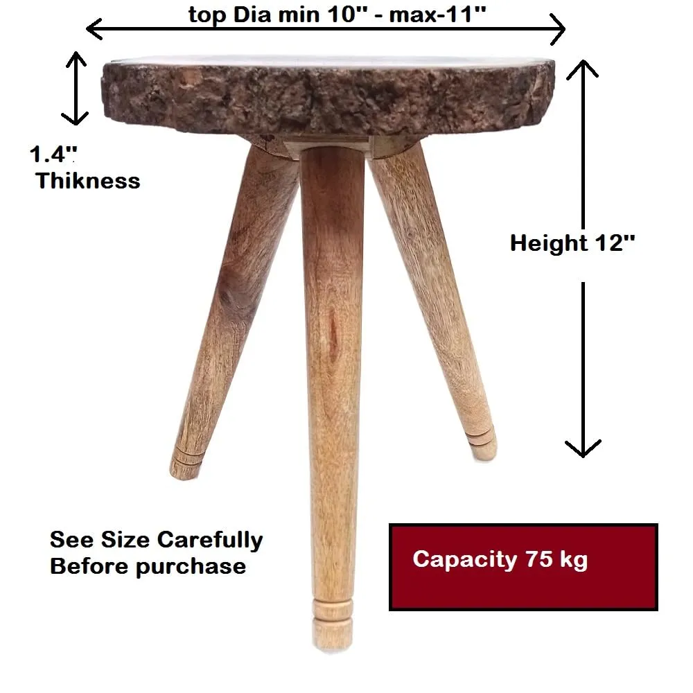 LATEST HANDICRAFTS Antique Bark look End Table for Living Room Décor | Small bed side Table with foldable wooden Legs - 12 x 12 x 13 Inches - (Tree slab Edge)