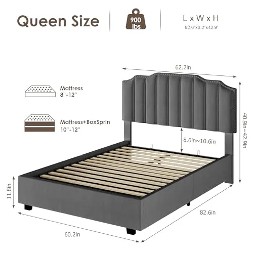 Lift Up Storage Bed Queen Size, Luxury Upholstered Platform Bed with Hydraulic Storage System & Wood Slats Support, Queen Bed Frame with Headboard, No Box Spring Needed, Velvet Gray