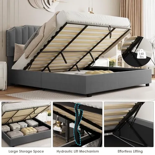 Lift Up Storage Bed Queen Size, Luxury Upholstered Platform Bed with Hydraulic Storage System & Wood Slats Support, Queen Bed Frame with Headboard, No Box Spring Needed, Velvet Gray