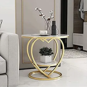 LIXERA Round Coffee Table for Living Room, Farmhouse Heart Shape Coffee Table with Storage Shelf, 2-Tier Modern Center Table Wooden Tabletop, with Marble Finish (White Gold)