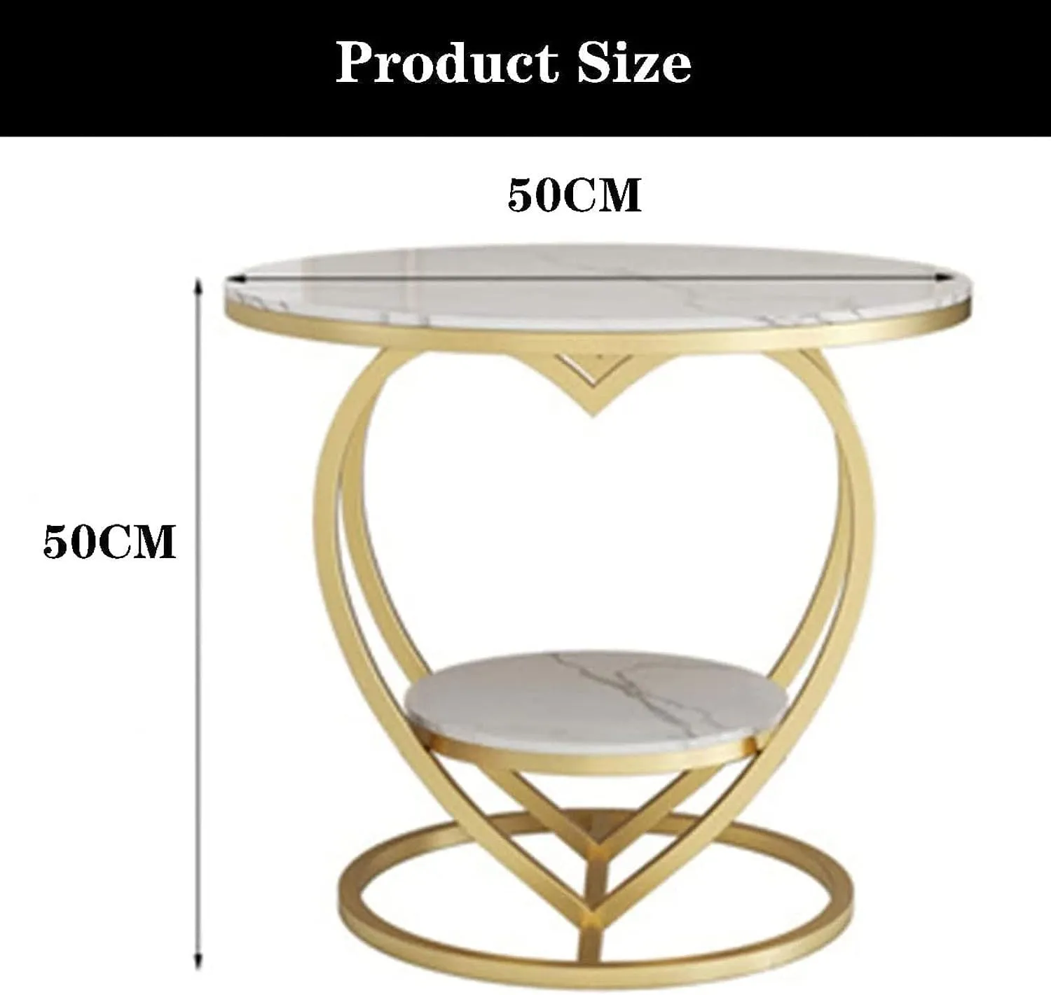 LIXERA Round Coffee Table for Living Room, Farmhouse Heart Shape Coffee Table with Storage Shelf, 2-Tier Modern Center Table Wooden Tabletop, with Marble Finish (White Gold)