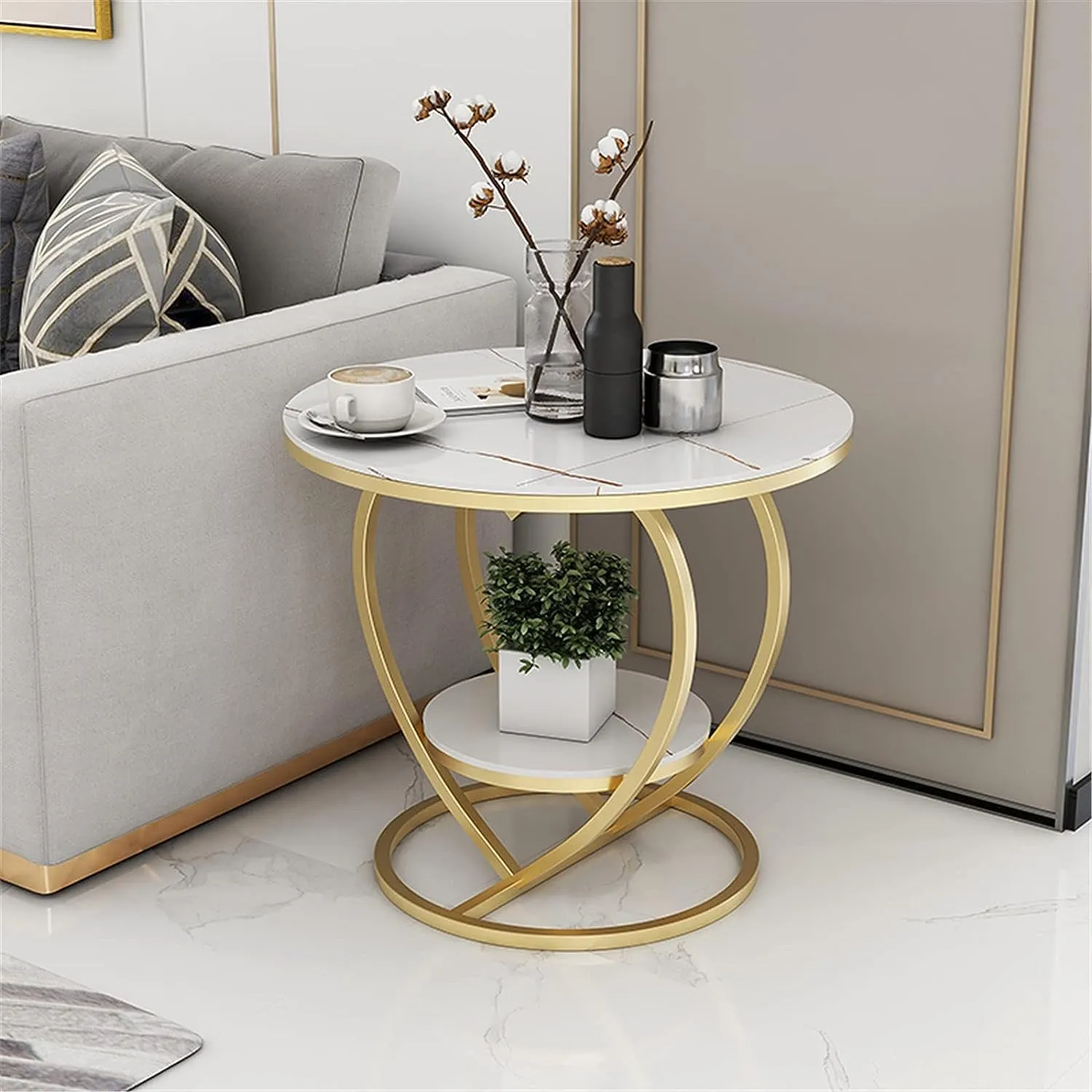 LIXERA Round Coffee Table for Living Room, Farmhouse Heart Shape Coffee Table with Storage Shelf, 2-Tier Modern Center Table Wooden Tabletop, with Marble Finish (White Gold)