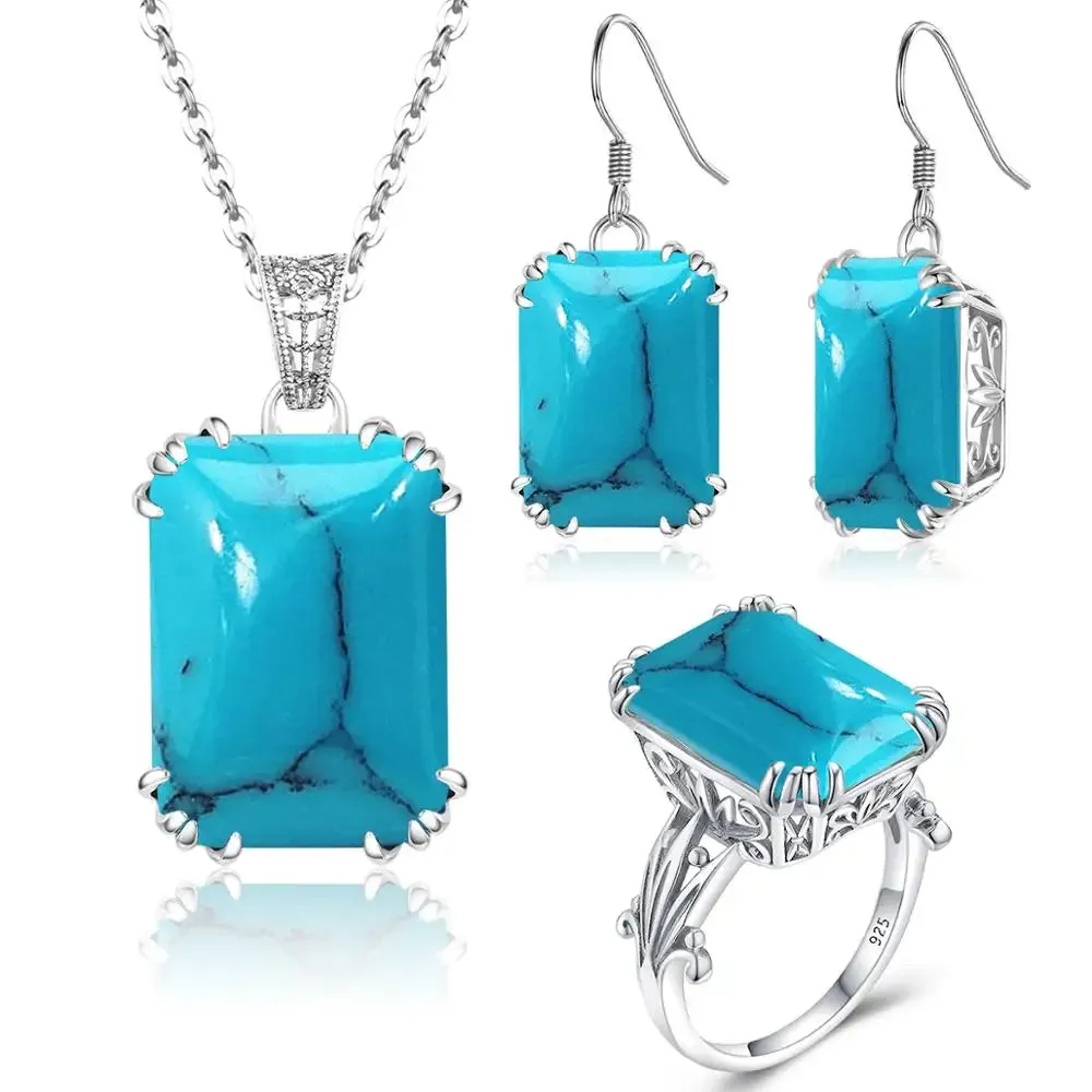 LOLO Jewelry Sets For Women Sterling Silver 925 and real Turquoise stone  Ring Earring Pendant Big Turquoise Gemstone Bohemian Jewelry Luxurious Gift