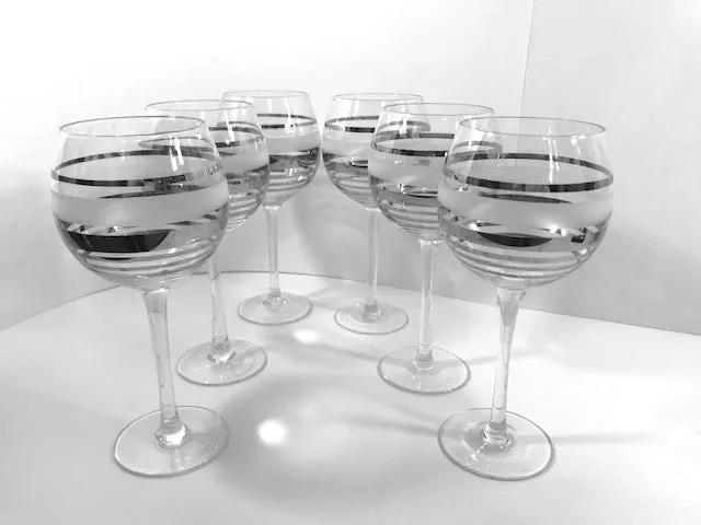 Mid-Century Silver and Frosted Wine Glasses (Set of 6)