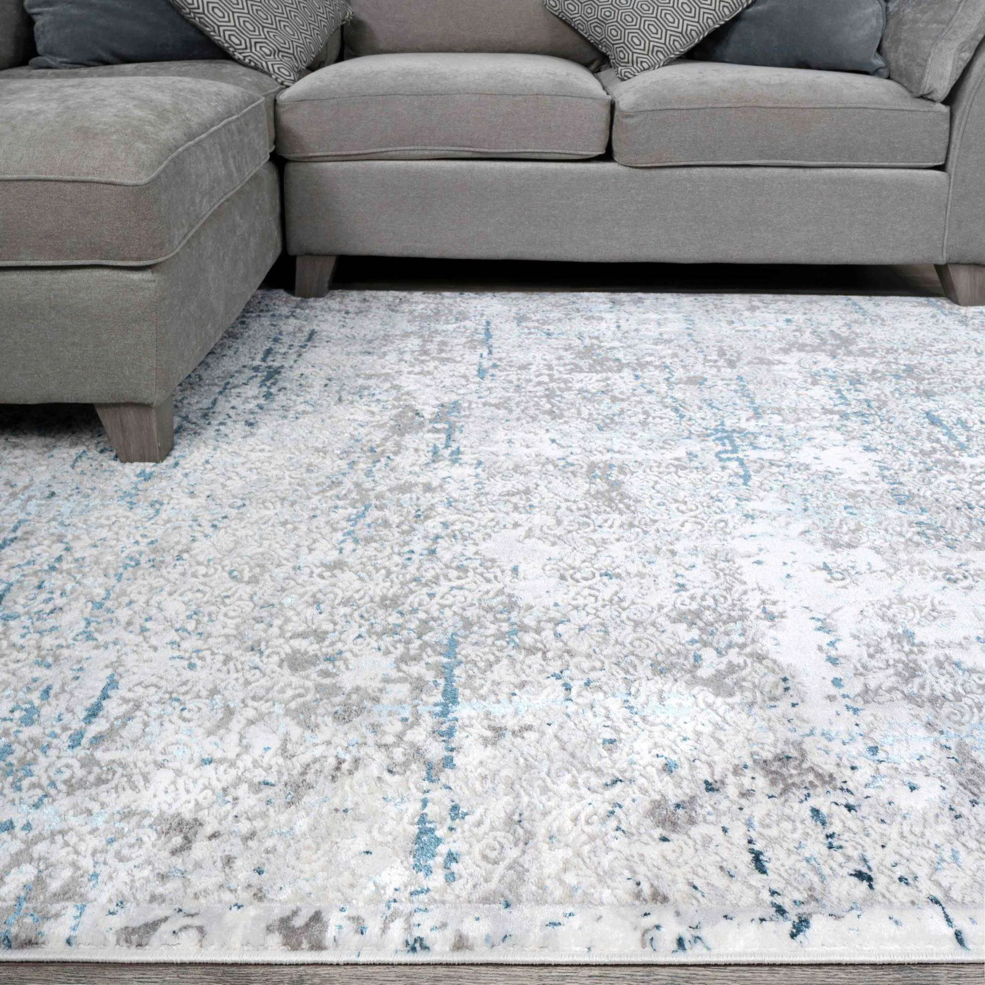 Modern Abstract Distressed Rugs Blue Grey - Tweed