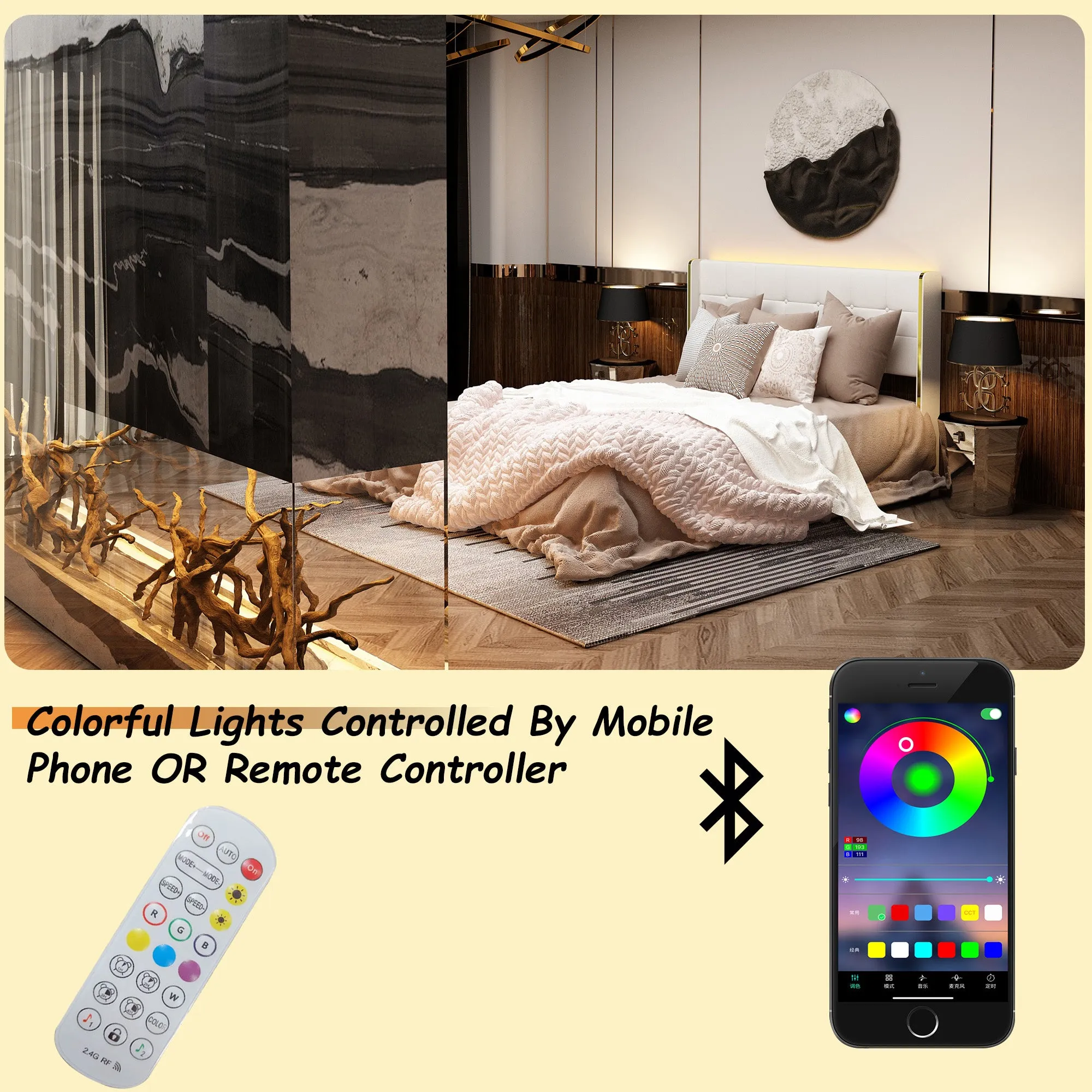 Modern Bed With Adjuatble Colorful Lights