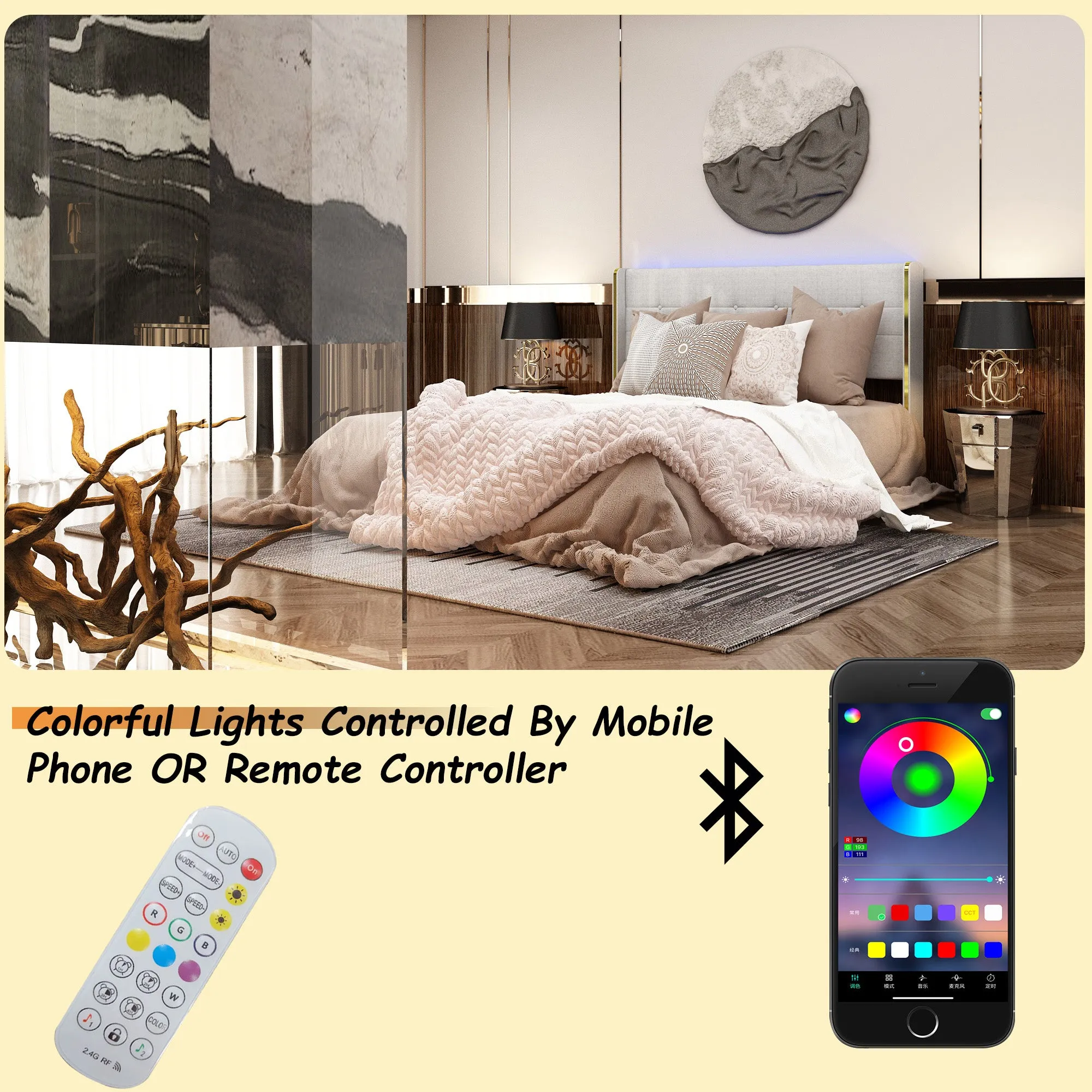 Modern Bed With Adjuatble Colorful Lights