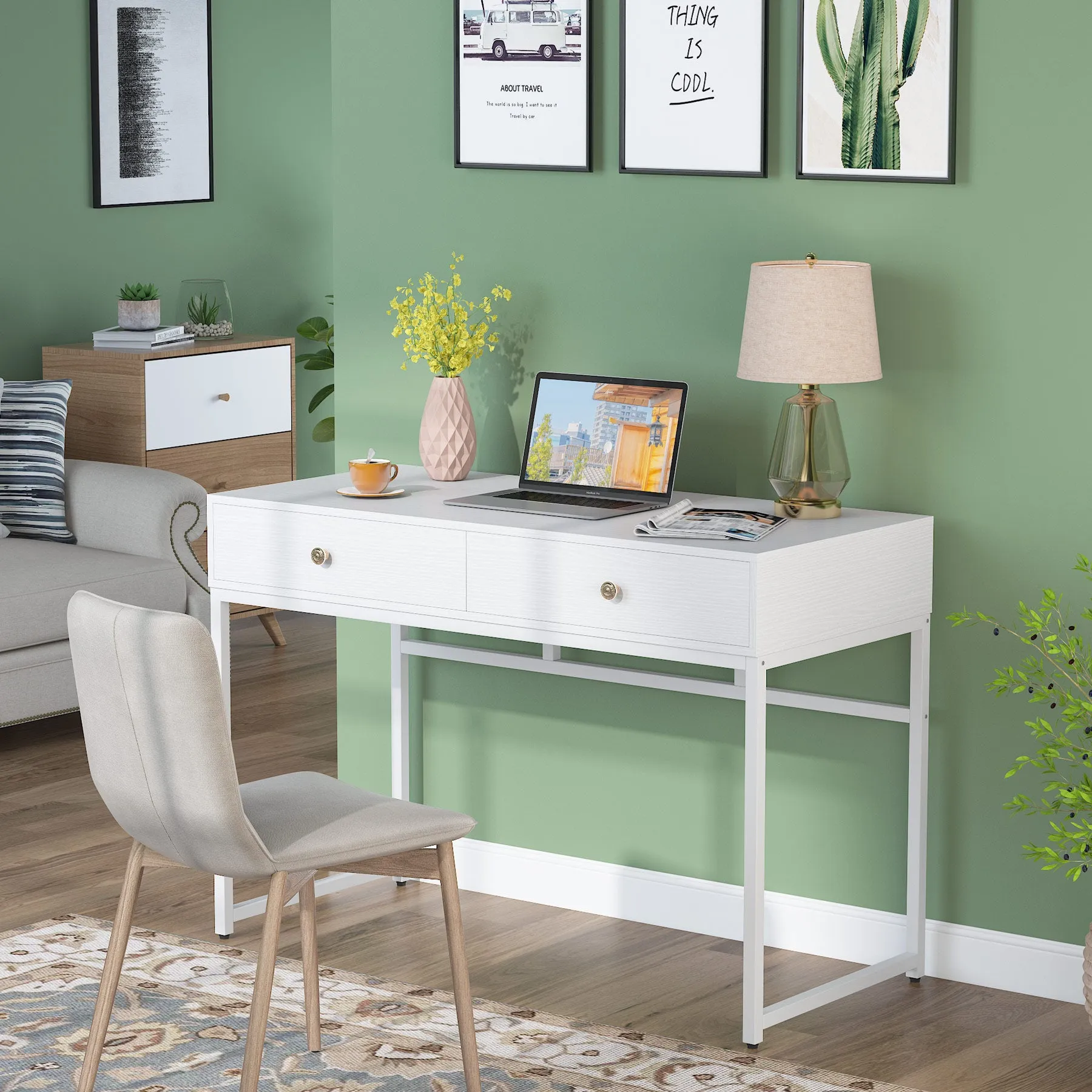 Modern Computer Desk with 2 Drawers, 47" Simple Study Writing Desk