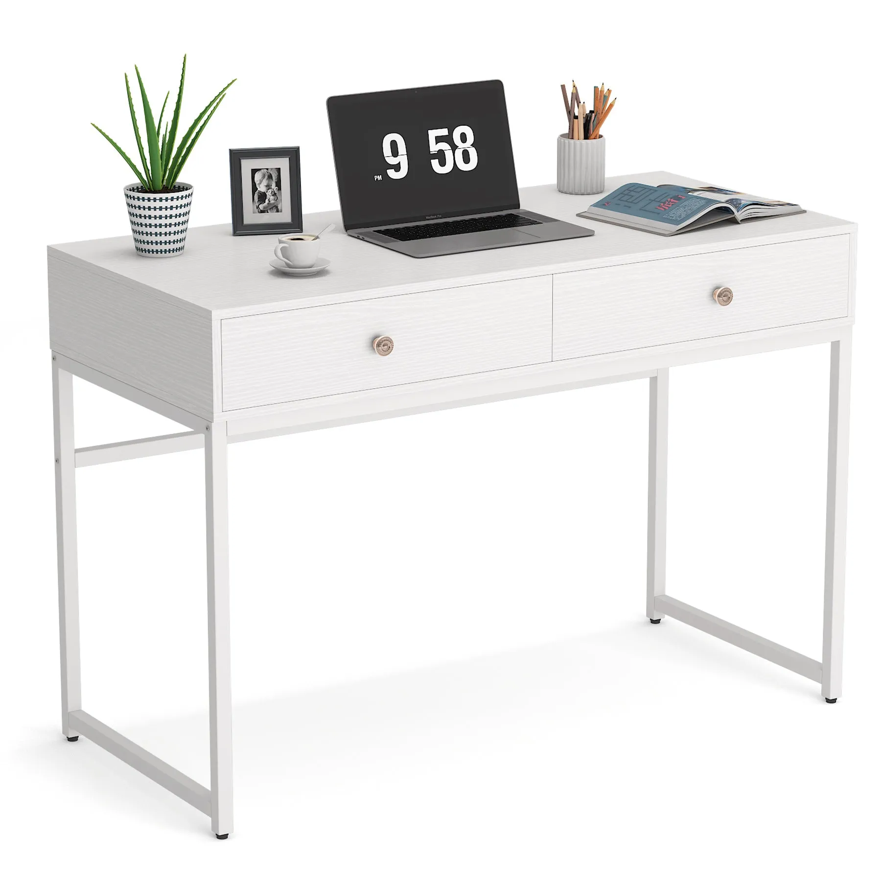 Modern Computer Desk with 2 Drawers, 47" Simple Study Writing Desk