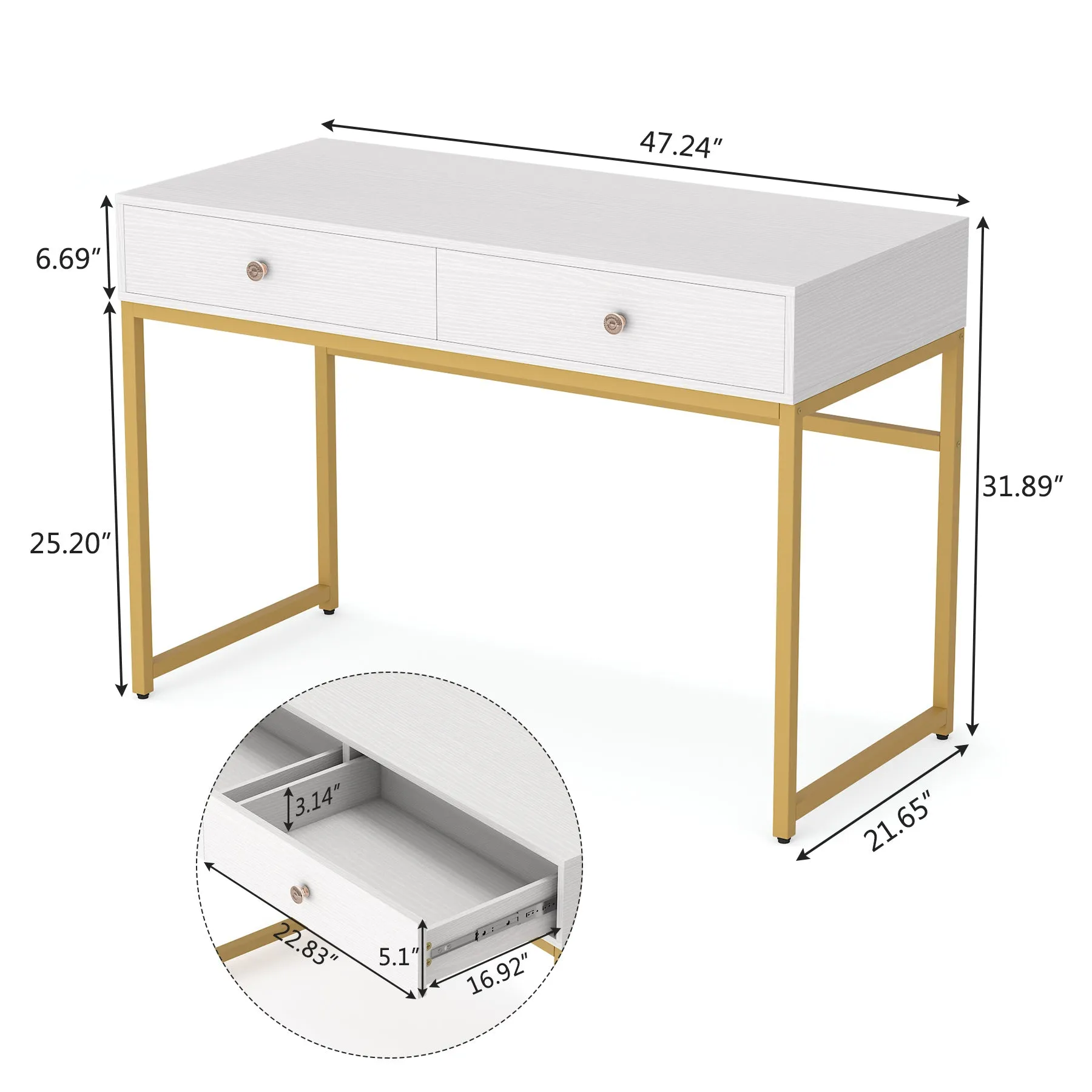 Modern Computer Desk with 2 Drawers, 47" Simple Study Writing Desk