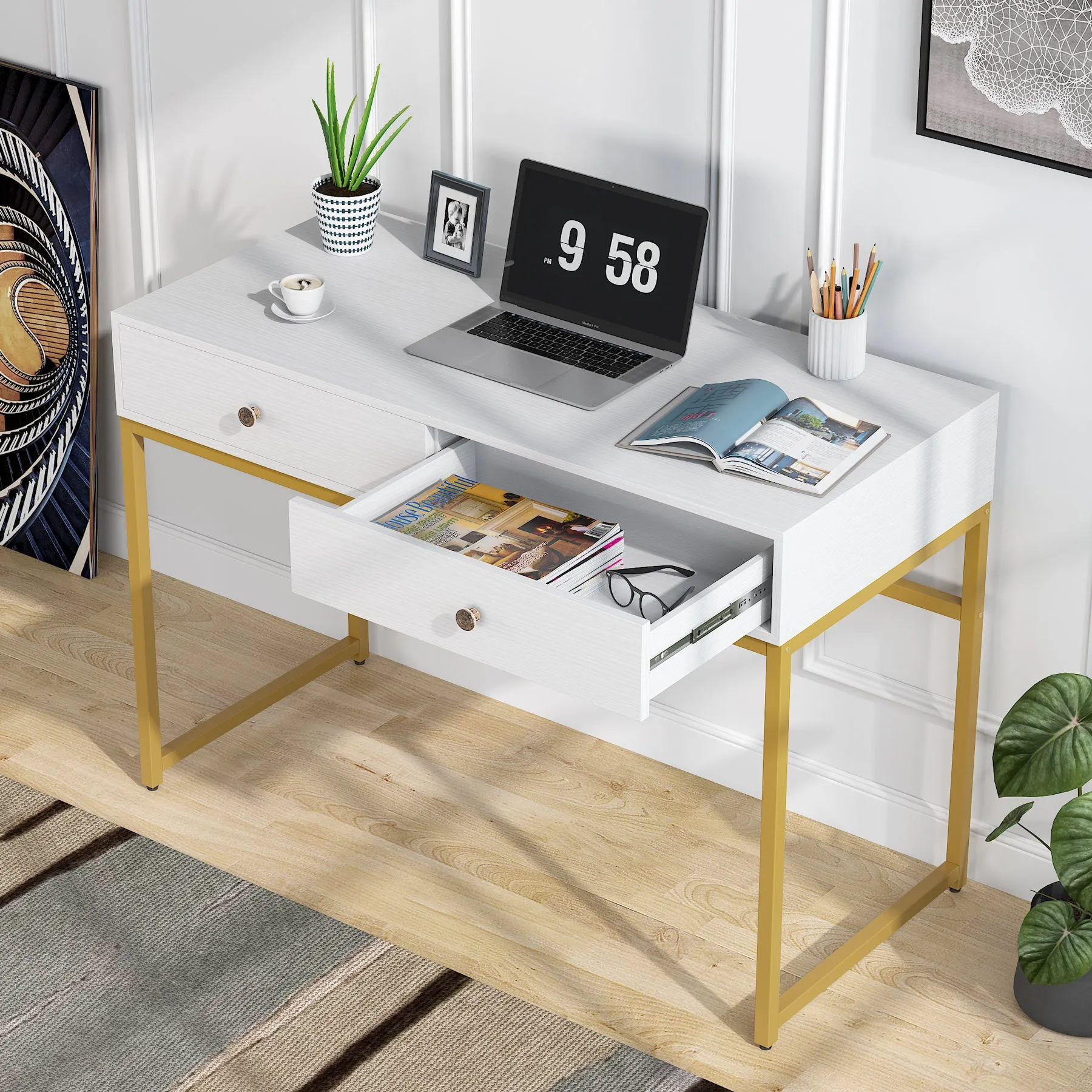 Modern Computer Desk with 2 Drawers, 47" Simple Study Writing Desk