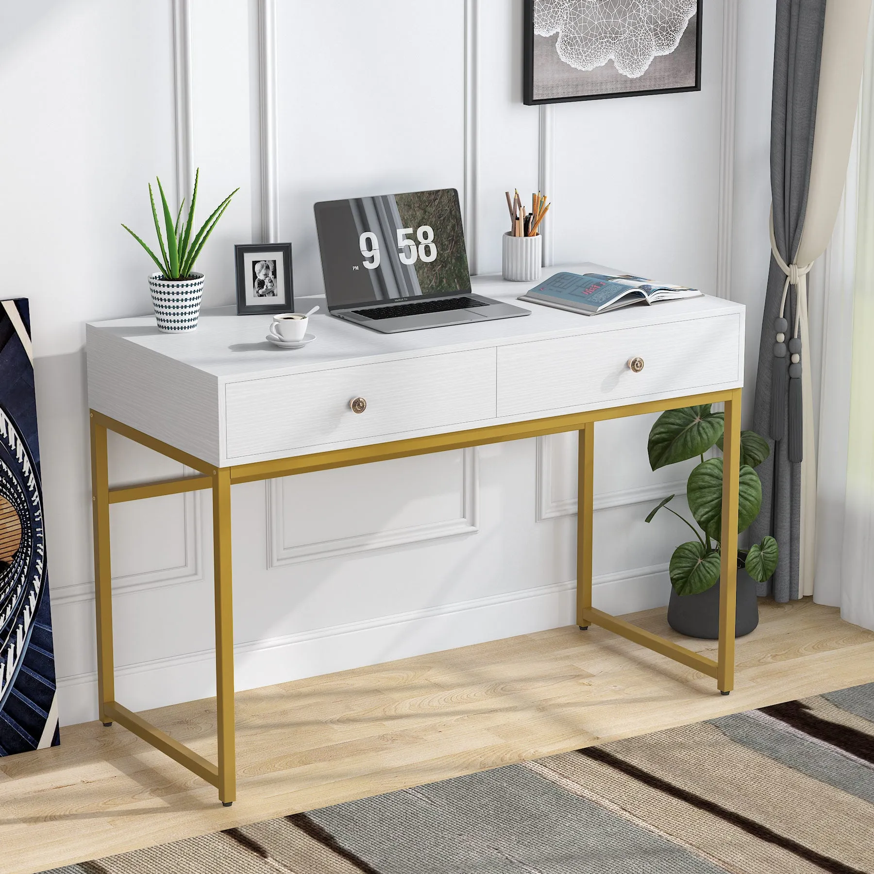 Modern Computer Desk with 2 Drawers, 47" Simple Study Writing Desk