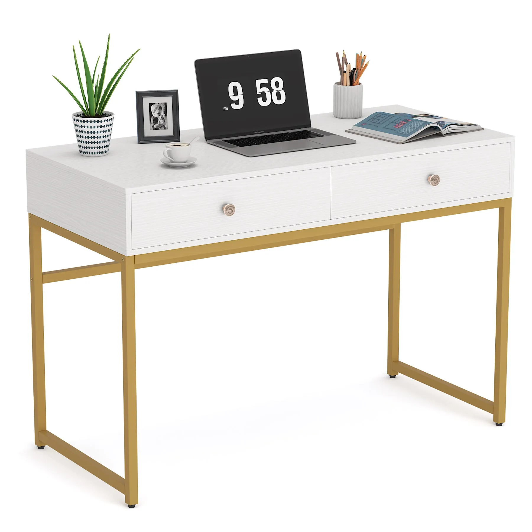 Modern Computer Desk with 2 Drawers, 47" Simple Study Writing Desk