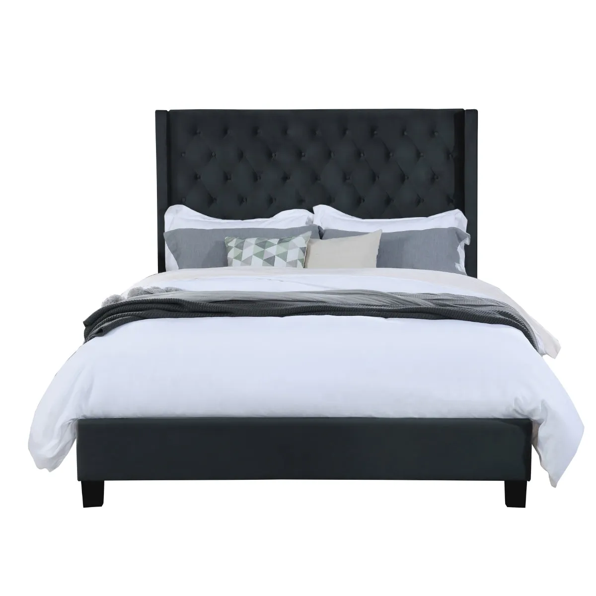 Modern Winged Headboard King Bed with Diamond-Quilted Pattern and Button Tufting