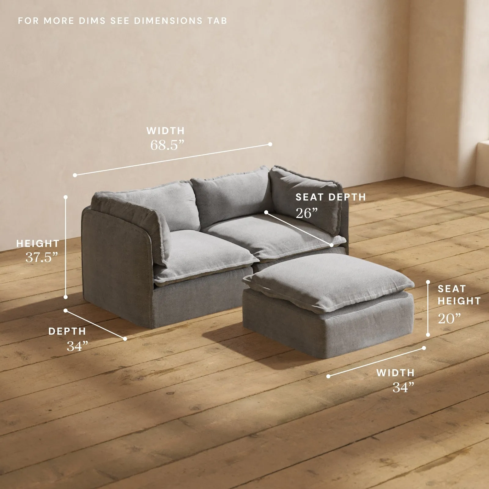 Modular Washable 2-Seater   Ottoman in Ash | Deluxe  Seat | Cloud Pillow