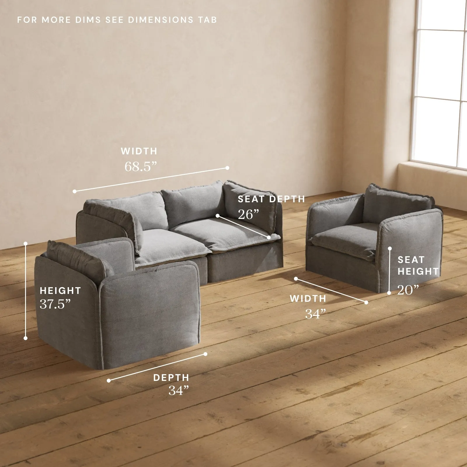 Modular Washable 2-Seater Sofa   Armchair Set in Ash | Memorix  Seat | Contour Pillow