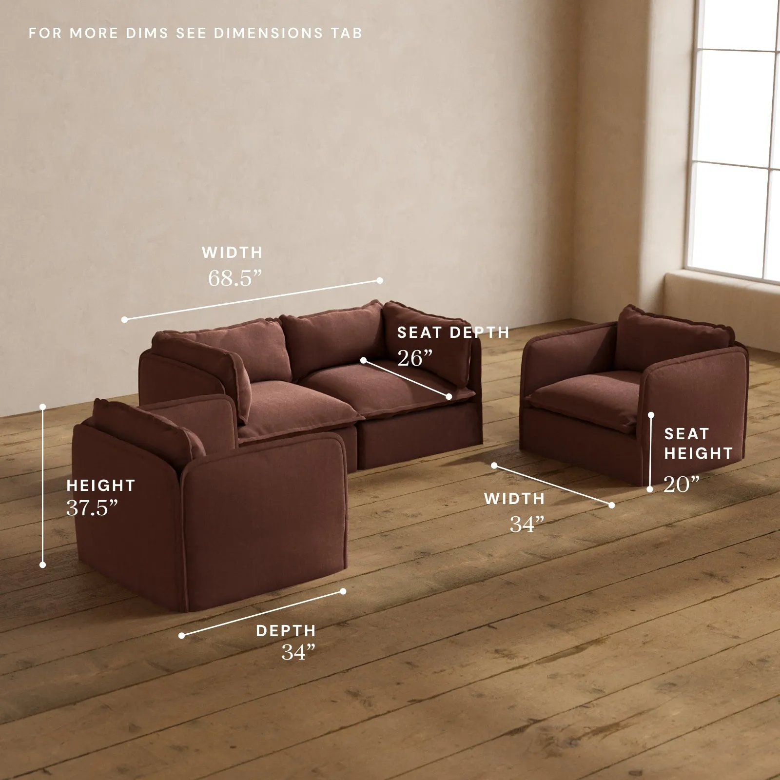 Modular Washable 2-Seater Sofa   Armchair Set in Chestnut | Deluxe  Seat | Cloud Pillow