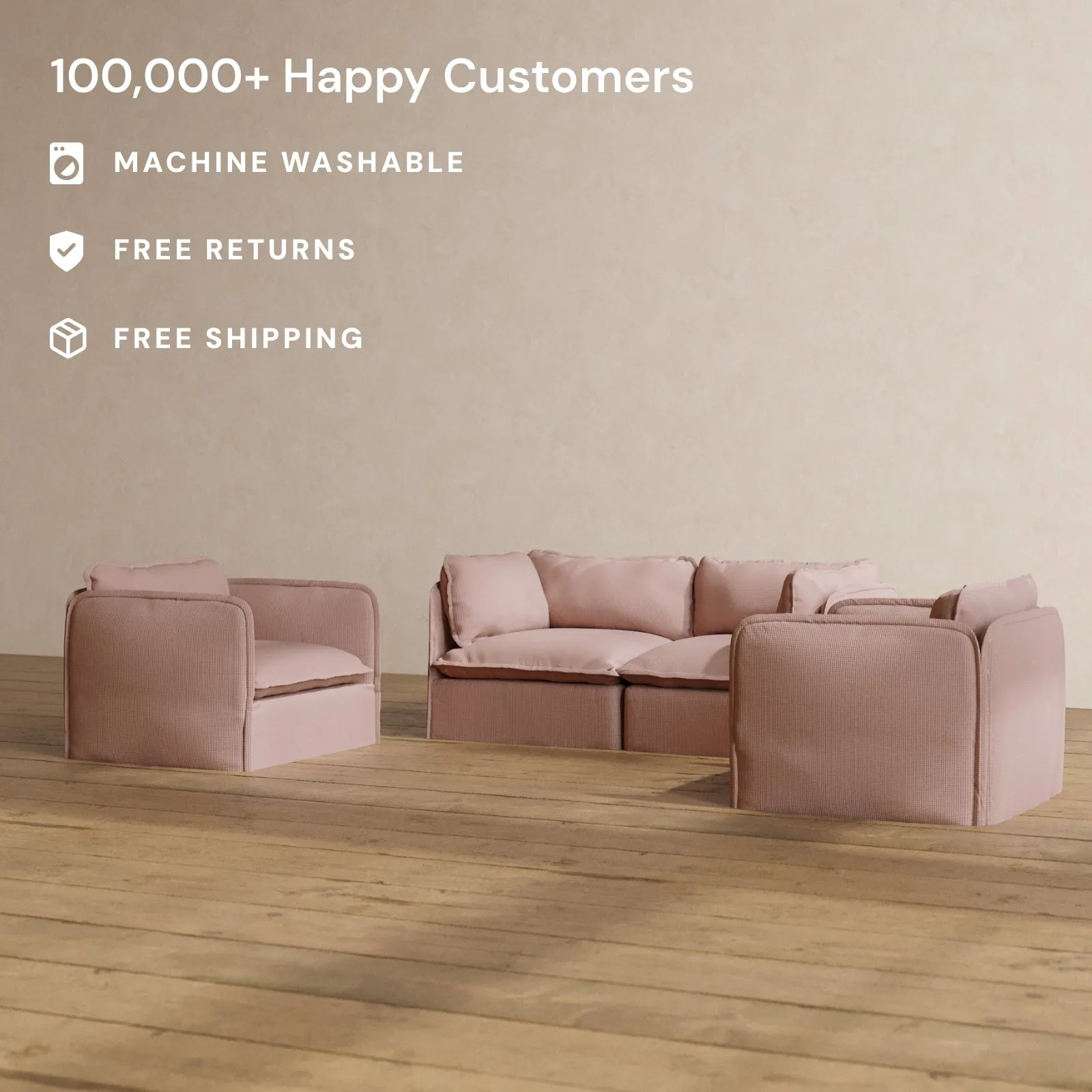 Modular Washable 2-Seater Sofa   Armchair Set in Sakura | Deluxe  Seat | Contour Pillow