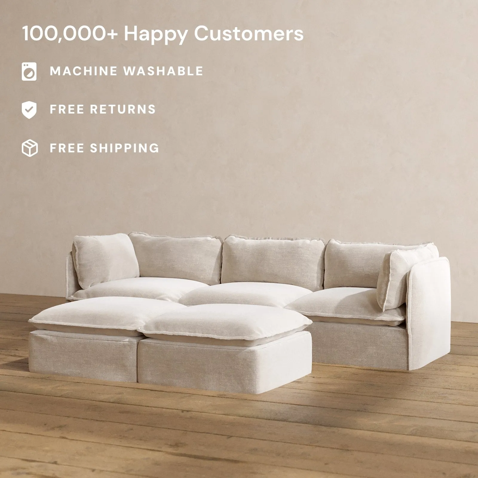 Deluxe  3-Seater Modular Sofa with Washable Cover & Bench Ottoman in Mist - Includes Cloud Pillow