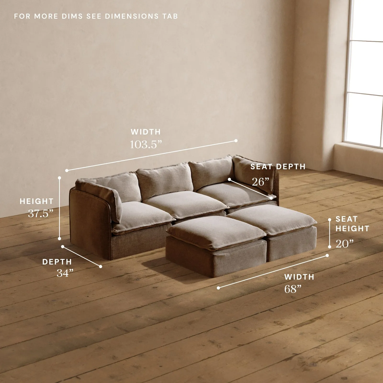 Deluxe  3-Seater Modular Sofa with Washable Cover & Bench Ottoman in Mist - Includes Cloud Pillow