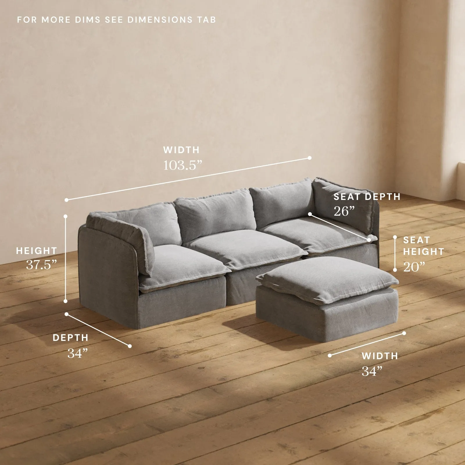 Modular Washable 3-Seater   Ottoman in Ash | Memorix  Seat | Cloud Pillow