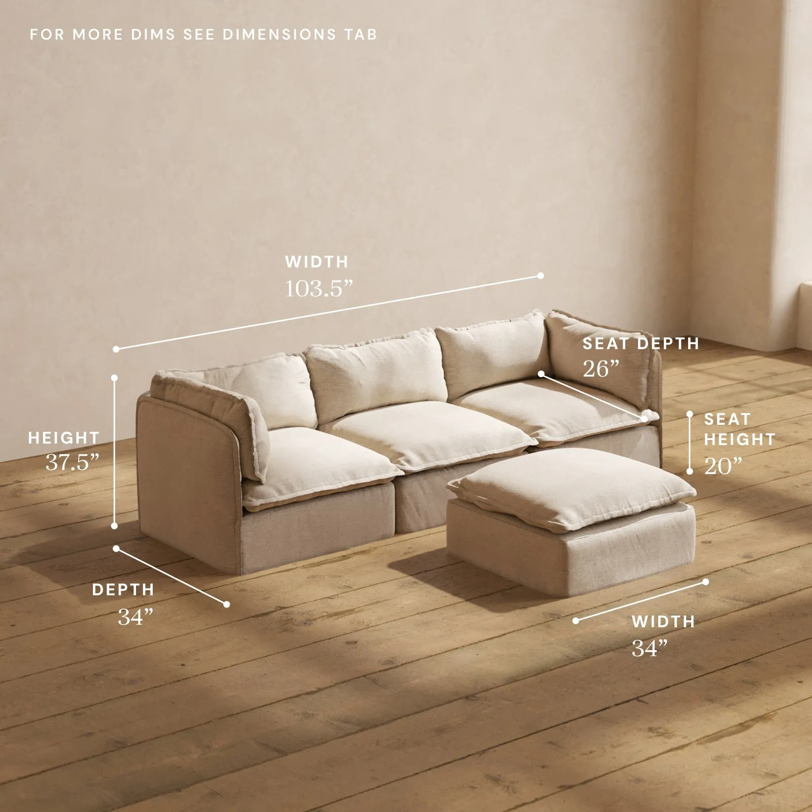 Modular Washable 3-Seater   Ottoman in Oat | Memorix  Seat | Cloud Pillow