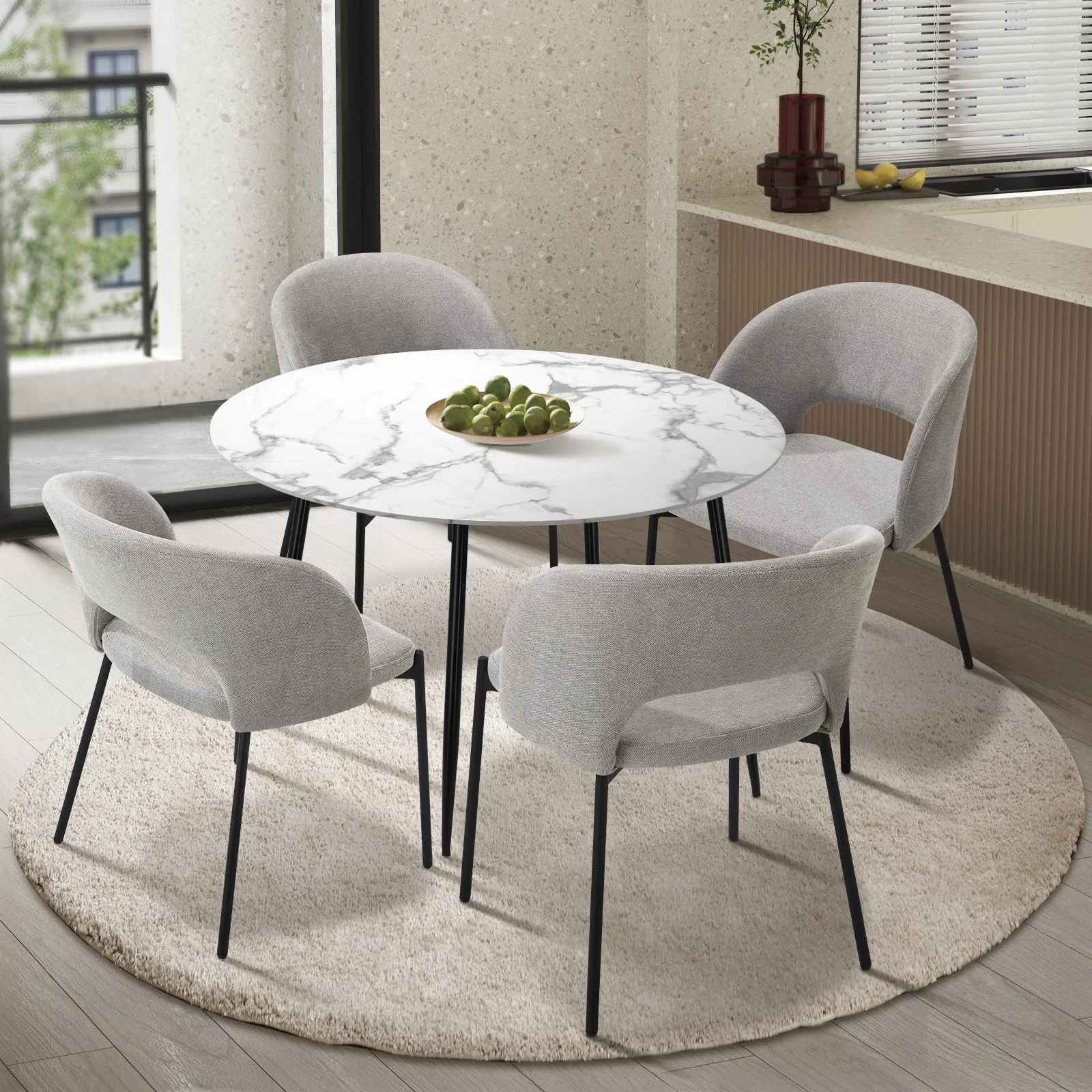 Oikiture 110cm Round Dining Table with 4PCS Dining Chairs Fabric Grey