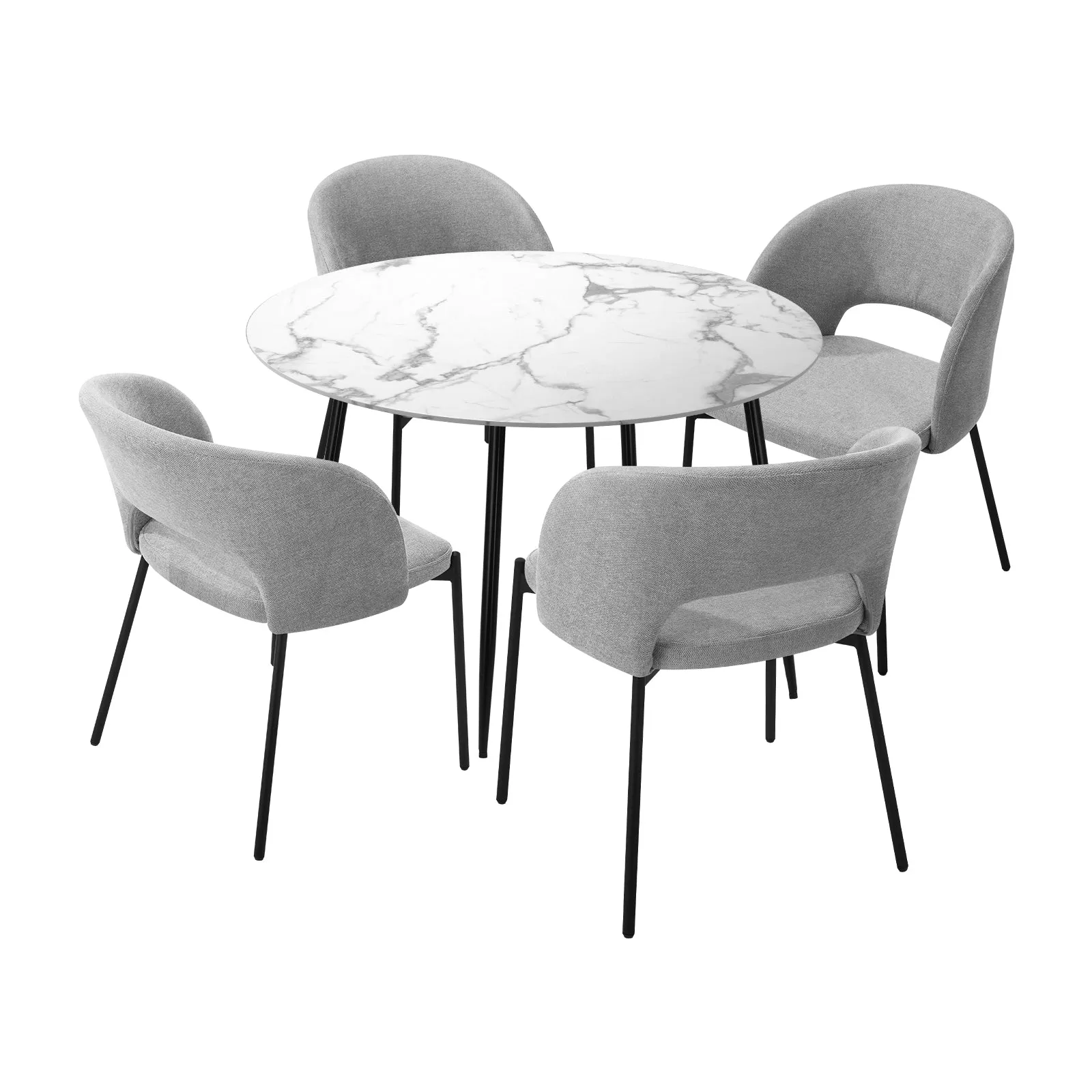 Oikiture 110cm Round Dining Table with 4PCS Dining Chairs Fabric Grey