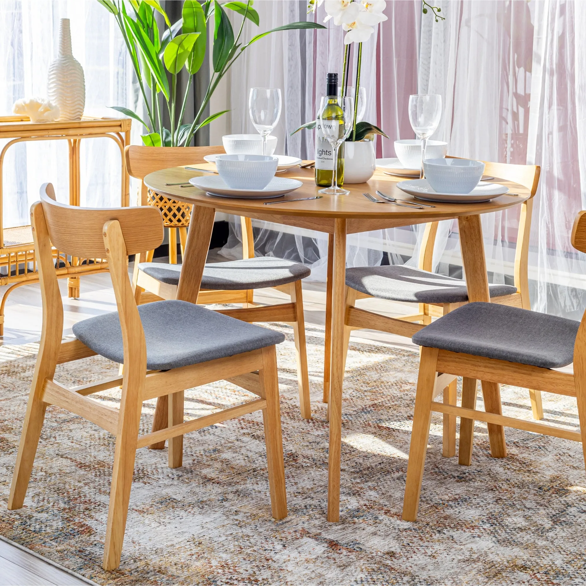 Oscar 5pc Dining Set 100cm Round Table 4 Chair Fabric Seat Scandinavian Style