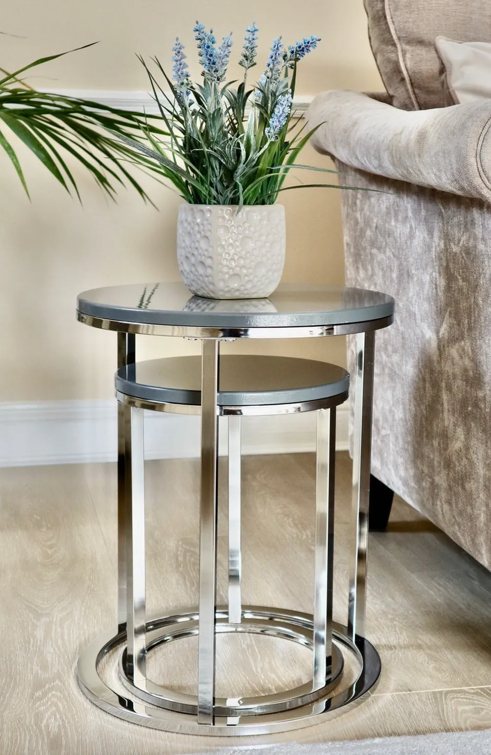 Paloma Set of 2 Round Nesting Tables, Glossy Grey Tops and Chrome Base